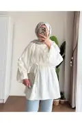 پیراهن پوشیده با آستین بادکنکی و بند کمر - پارچه مودال