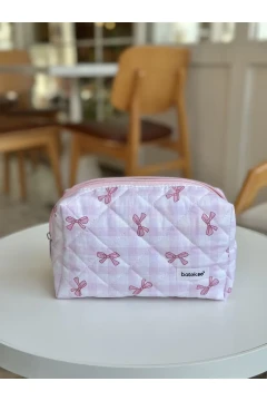 کیف آرایش طرح چهارخانه صورتی - سایز بزرگ