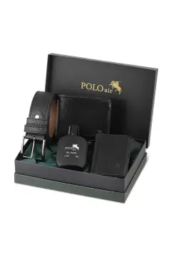 ست کیف پول کلاسیک مردانه با جعبه، کمربند، کارت‌خوان و عطر مشکی