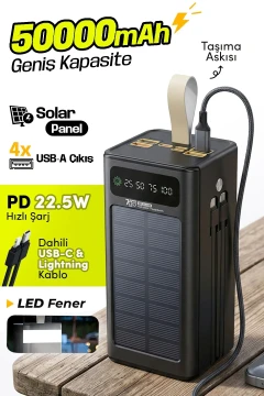 پاوربانک خورشیدی GPW-01 با ظرفیت 50.000 میلی‌آمپر ساعت – شارژ سریع 22.5 وات، دارای کابل داخلی، با صفحه نمایش LED