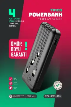 پاوربانک قابل حمل سیاه با ظرفیت 10.000 میلی آمپر ساعت و کابل داخلی و پایه تلفن و نشانگر شارژ