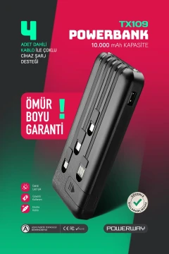 پاوربانک قابل حمل سیاه با ظرفیت 10.000 میلی آمپر ساعت و کابل داخلی و پایه تلفن و نشانگر شارژ