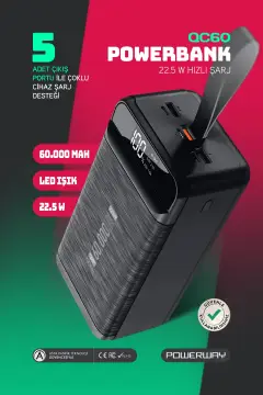 پاوربانک 60.000 میلی آمپر PD 22.5W با کابل و شارژ سریع 3.0 با ضمانت واقعی 60.000 میلی آمپر و نورانی QC60 سیاه