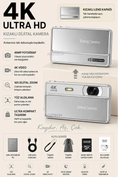 دوربین دیجیتال 4K با زوم 16X | صفحه نمایش 2.8 اینچی IPS | با درپوش لنز کشویی | شارژ Type-C | تشخیص چهره | همراه با کارت SD 64GB