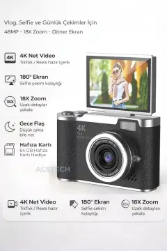 دوربین دیجیتال 4K با کیفیت 48 مگاپیکسل و صفحه نمایش تاشو 18 برابر زوم با فلاش و 64 گیگابایت هدیه و منوی فارسی