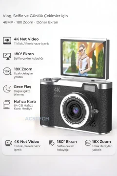 دوربین دیجیتال 4K با کیفیت 48 مگاپیکسل و صفحه نمایش تاشو 18 برابر زوم با فلاش و 64 گیگابایت هدیه و منوی فارسی
