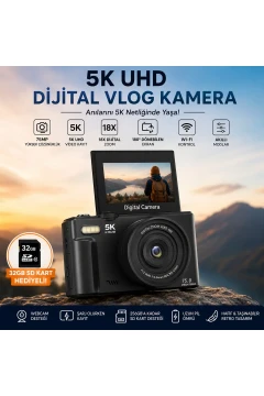 دوربین دیجیتال 5K UHD با کیفیت 75MP – دوربین ویدئویی با زوم دیجیتال 18 برابر، صفحه نمایش IPS چرخشی 180 درجه، کنترل از طریق Wi-Fi، پشتیبانی از حرکت آهسته و تایم‌لپس، همراه با کارت SD 64GB هدیه