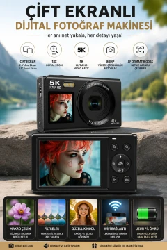 دوربین دیجیتال 5K Ultra HD با دو صفحه نمایش، دوربین 80MP با زوم دیجیتال 18X و فوکوس خودکار، مناسب برای ویدیو بلاگ و سلفی، پشتیبانی از WiFi