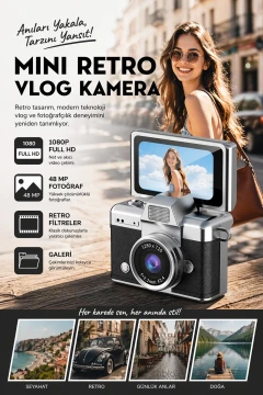دوربین مینی با صفحه نمایش چرخان و فلاش برای سلفی و ویدیو بلاگ - کلیددار 1080P+48MP