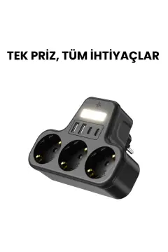 پریز چندگانه دیواری با محافظ جریان ۳ تایی | دارای ۲ ورودی USB-A و ۲ ورودی Type-C | پریز هوشمند با چراغ شب LED