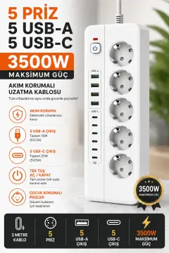 پریز 5 تایی با محافظت از جریان 3000 وات | 5 USB-A + 5 Type-C | دارای کلید روشن و خاموش | کابل 2 متری