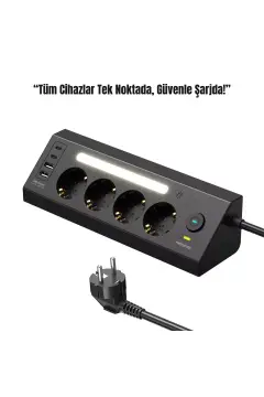 پریز ۴ تایی با محافظت از جریان | ۲ خروجی USB-C + ۲ خروجی USB-A | ایستگاه شارژ با نور LED | کابل ۲ متری