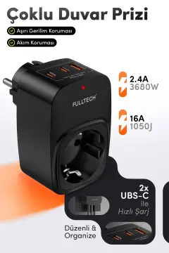 محصول چندگانه دیواری FTR-24 16A 3680W سیاه | 2x USB-C + 1x USB-A پریز شارژی | دارای محافظ جریان