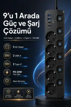 پریز چندگانه محافظت شده 5 تایی | 3680 وات | 2xUSB-A | 2x Type-C | شارژ سریع PD 20 وات | کابل 2 متری