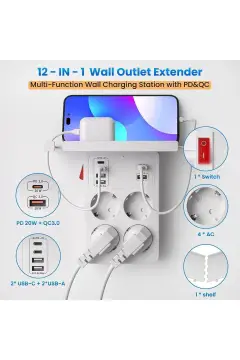 پریز چندگانه USB C با کلید، محافظت شده در برابر جریان، شارژ سریع، آداپتور چندراهی، سفید