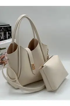 کیف دستی و دوشی زنانه با بند کمربندی و کیف آرایشی زیبا از چرم مصنوعی