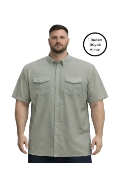 پیراهن کوتاه آستین‌دار مردانه بزرگ سایز با رنگ خاکی و دو جیب 3XL-4XL-5XL-6XL-7XL-8XL