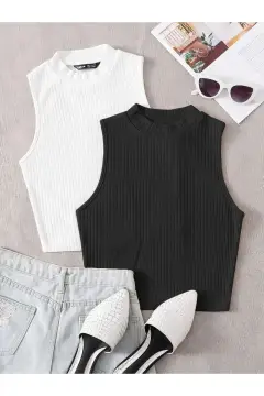بلوز و آستین کوتاه زنانه 2 عددی فیتیله‌ای از جنس پنبه با بافت کشی