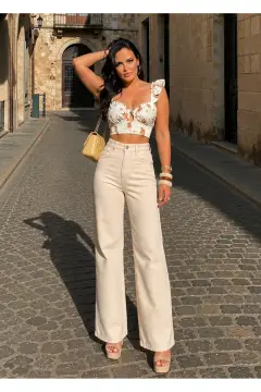 شلوار کتان پلو با کمر بلند