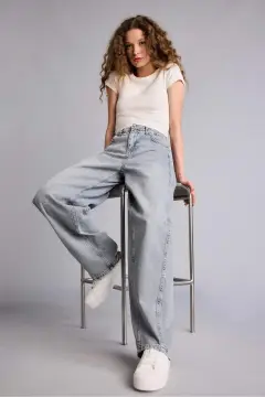 شلوار جین بلند یقه‌دار با کمر بلند و شستشو شده %100 پنبه H1642AX26SM