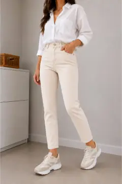 جین موم زنانه بژ با کمر بلند و کشی مد روز