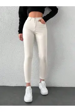 جین تنگ زنانه با کمر بلند و پاچه باریک بژ پاور لیکرا