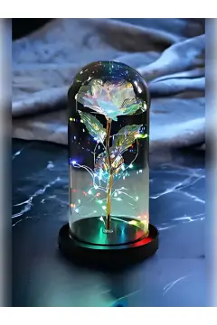 گل ابدی تزئینی با نور در گلدان شیشه‌ای مخصوص روز عشق و روز مادر