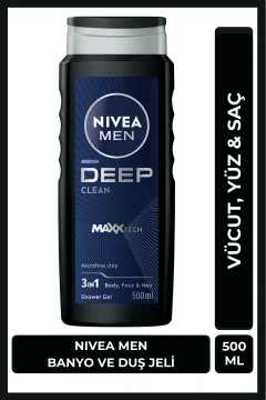 ژل دوش و حمام مردانه NIVEA مدل Deep Clean 500ml، مناسب برای بدن، مو و صورت، با رایحه مردانه و تمیزکنندگی عمیق