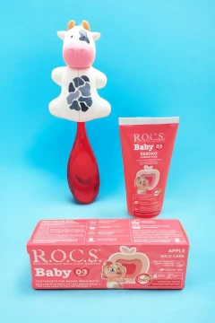 ست کامل مراقبت از دهان نوزاد Rocs - خمیر دندان نوزاد، مسواک نوزاد، ظرف نگهدارنده گاوی