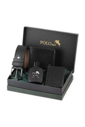 ست کیف پول کلاسیک مردانه با جعبه، کمربند، کارت‌خوان و عطر مشکی