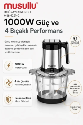 مخلوط‌کن راندو دوغریچی ۲ لیتر با مخزن استیل و شیشه‌ای مدل MSL-1221-2