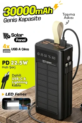 پاوربانک خورشیدی 30000mAh GPW-09 | شارژ سریع PD 22.5W | کابل Type-C و Lightning داخلی