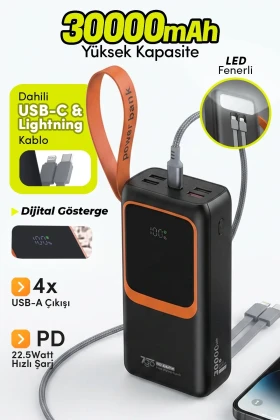 پاوربانک GPW-08 با ظرفیت 30000mAh و شارژ سریع PD22.5W | دارای 4 خروجی USB، کابل داخلی Type-C و Lightning