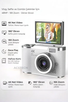 دوربین دیجیتال 4K با کیفیت 48 مگاپیکسل و صفحه نمایش تاشو 18 برابر زوم با فلاش و 64 گیگابایت هدیه با منوی فارسی