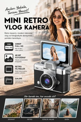 دوربین مینی با صفحه نمایش چرخان و فلاش برای سلفی و ویدیو بلاگ - کلیددار 1080P+48MP