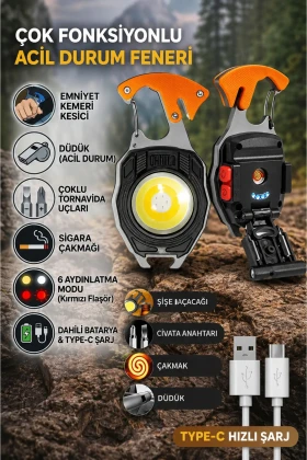 چراغ قوه کمپ بسیار کاربردی با کلید، USB، فندک، شیشه‌شکن، برش‌دهنده، سوت و پیچ‌گوشتی