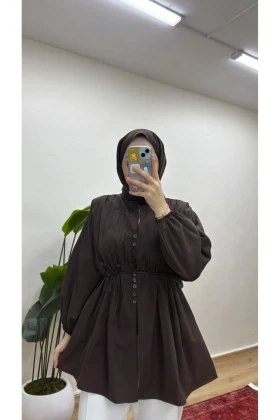 پیراهن پوشش دار کتان با طرح عصب - قهوه‌ای کوییک