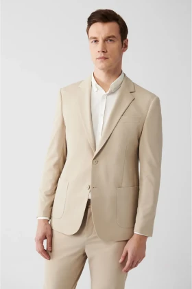 کت بلیزر مردانه بژ با یقه مونو، آستر دار و دارای چاک از پارچه جرسه مدل Slim Fit B004000