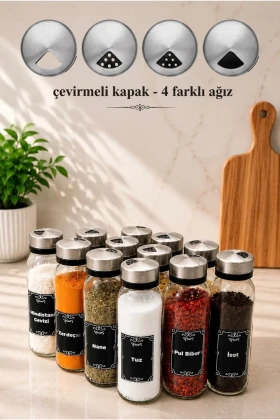 ست 12 عددی نمکدان و ادویه‌دان با درب فلزی ضد زنگ 250cc - 16*5 سانتی‌متر - 4 دهانه مختلف - همراه با برچسب هدیه