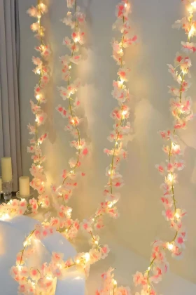 گل مصنوعی گیلاس (ساکورا) و مجموعه چراغ LED سه متری - پیچک گل مصنوعی - 1.85 متر گل