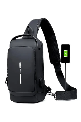 کیف دوشی و کمری مردانه مشکی با خروجی USB مدل new222