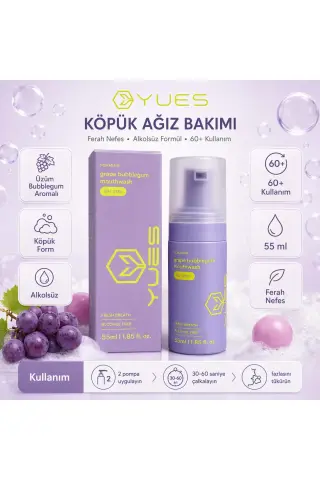 دهانشویه کف دار طعم انگور بدون الکل با نفس تازه 60+ استفاده