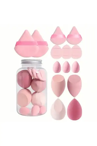 ست اسفنج آرایشی 14 تکه با جعبه شیشه‌ای