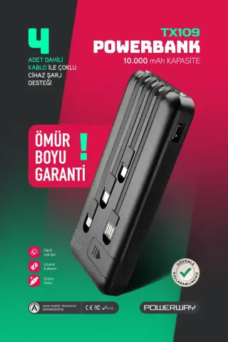 پاوربانک قابل حمل سیاه با ظرفیت 10.000 میلی آمپر ساعت و کابل داخلی و پایه تلفن و نشانگر شارژ