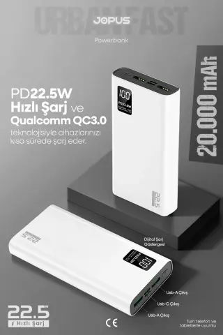 پاوربانک 20000mAh PD 22.5W شارژ سریع - با صفحه دیجیتال - دستگاه شارژ قابل حمل - سفید JP-P12