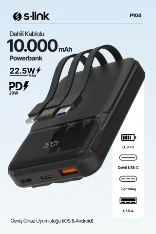 پاوربانک LCD سیاه 10000mAh PRM با کابل داخلی HSC22.5W+PD20W