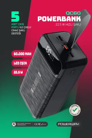 پاوربانک 60.000 میلی آمپر PD 22.5W با کابل و شارژ سریع 3.0 با ضمانت واقعی 60.000 میلی آمپر و نورانی QC60 سیاه