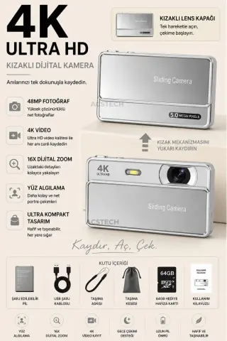 دوربین دیجیتال 4K با زوم 16X | صفحه نمایش 2.8 اینچی IPS | با درپوش لنز کشویی | شارژ Type-C | تشخیص چهره | همراه با کارت SD 64GB
