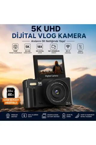 دوربین دیجیتال 5K UHD با کیفیت 75MP – دوربین ویدئویی با زوم دیجیتال 18 برابر، صفحه نمایش IPS چرخشی 180 درجه، کنترل از طریق Wi-Fi، پشتیبانی از حرکت آهسته و تایم‌لپس، همراه با کارت SD 64GB هدیه