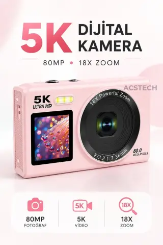 دوربین دیجیتال با دو صفحه نمایش 5K | 80 مگاپیکسل | زوم 18X | همراه با کارت حافظه 32GB